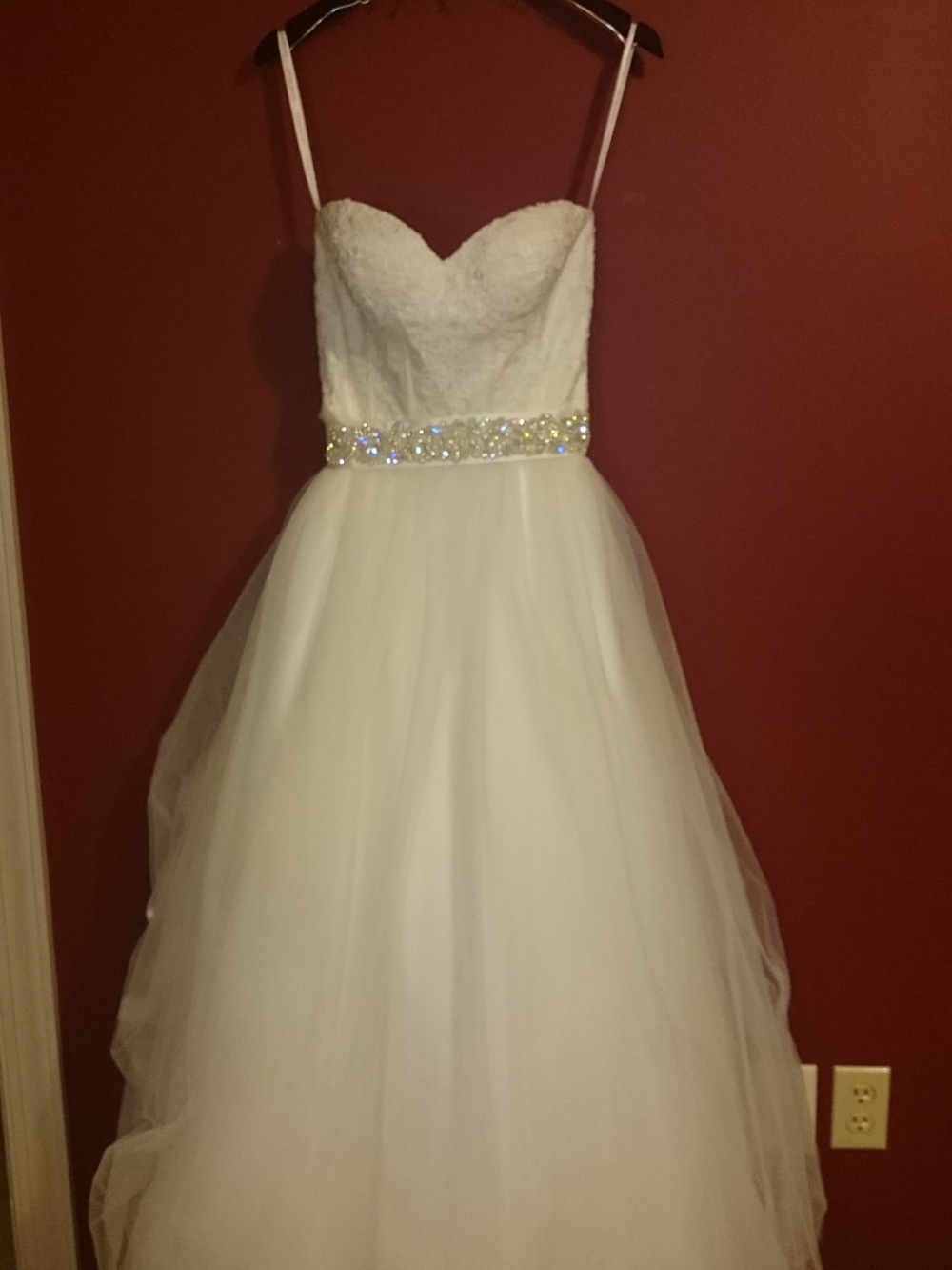 David's Bridal White Lace Bodice Tulle Ball Gown with Beaded Waist